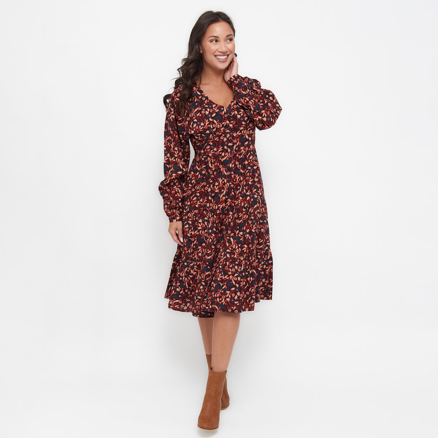 Drew Floral Fig V-Neck Long Sleeve Tiered Dress