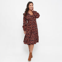 Drew Floral Fig V-Neck Long Sleeve Tiered Dress