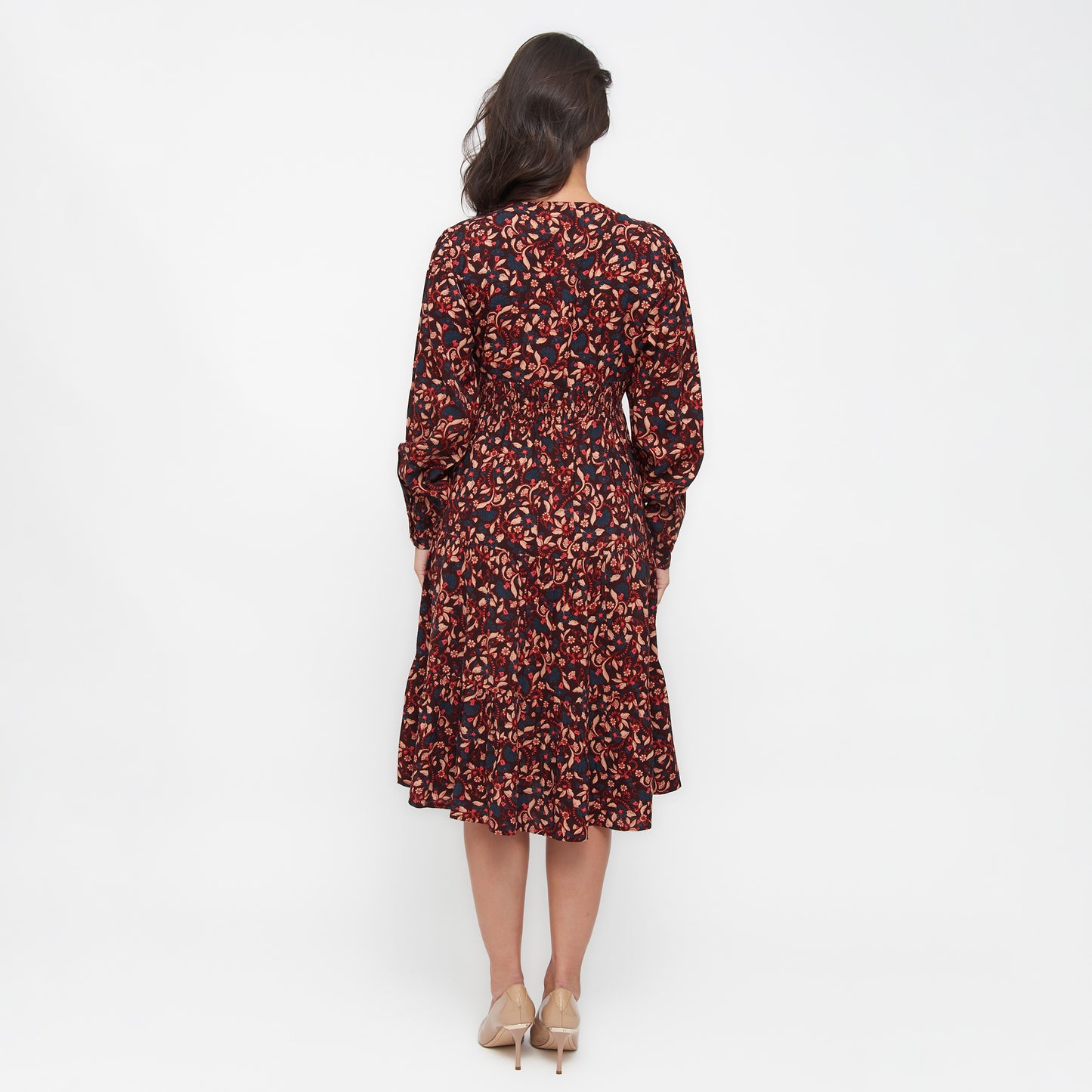 Drew Floral Fig V-Neck Long Sleeve Tiered Dress