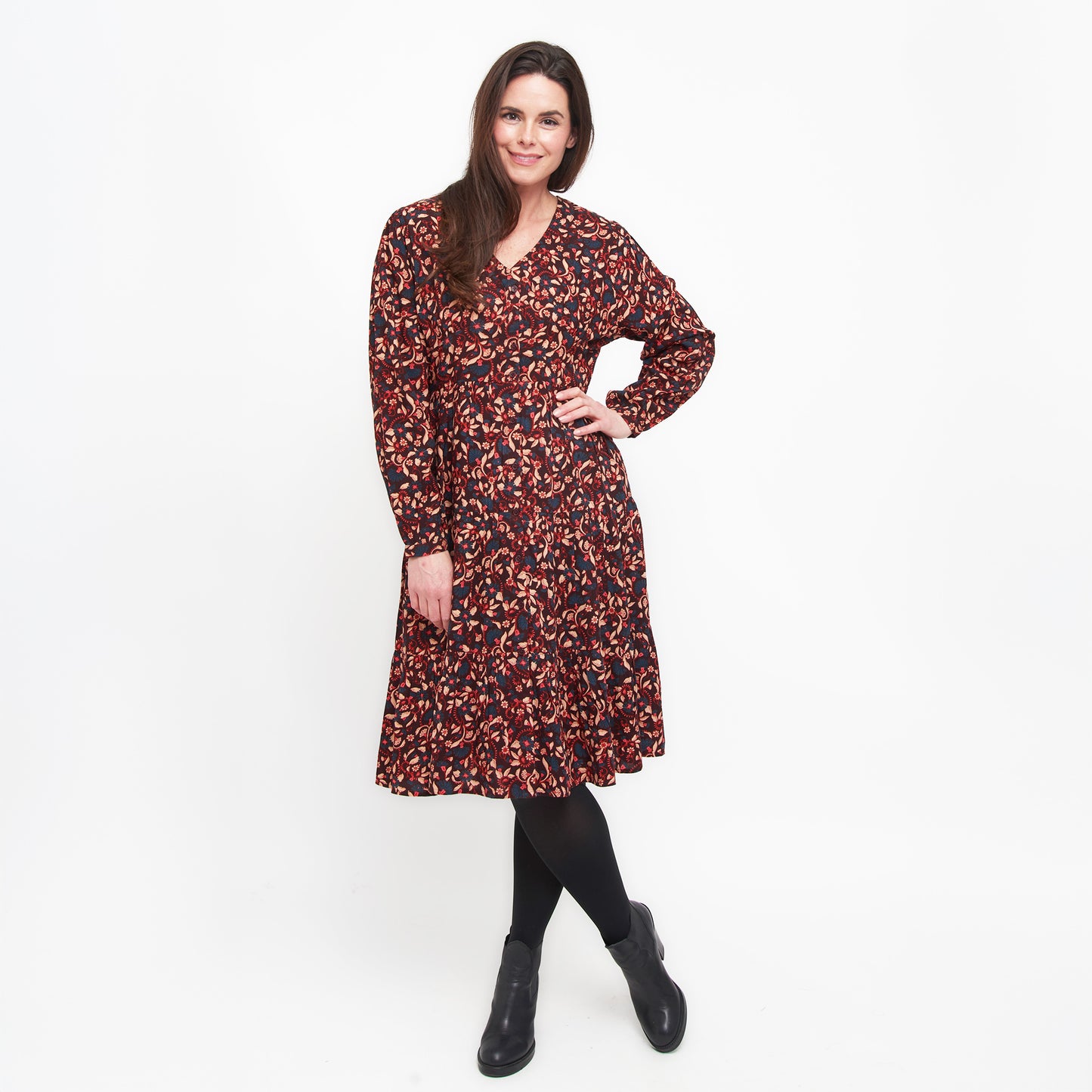 Drew Floral Fig V-Neck Long Sleeve Tiered Dress