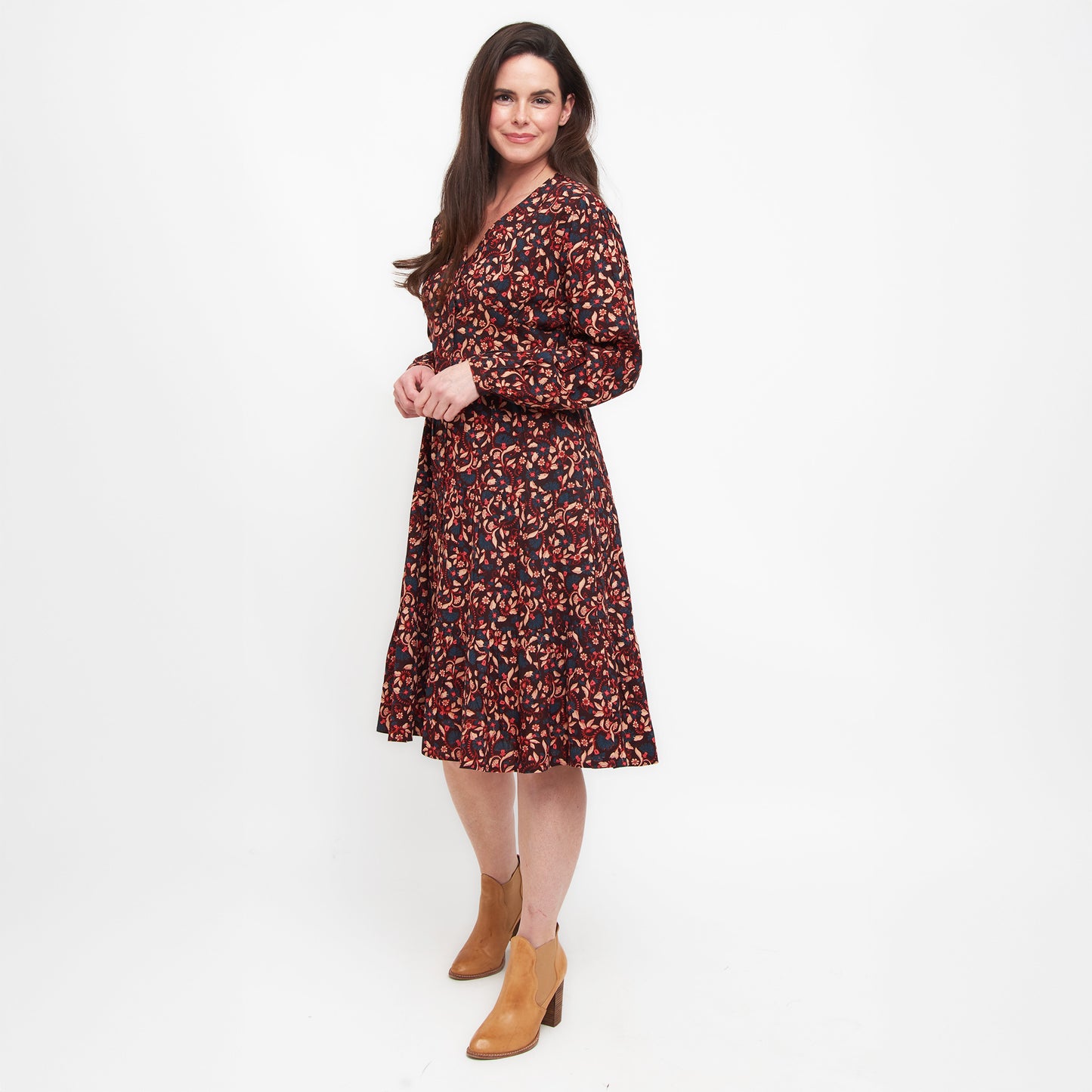 Drew Floral Fig V-Neck Long Sleeve Tiered Dress