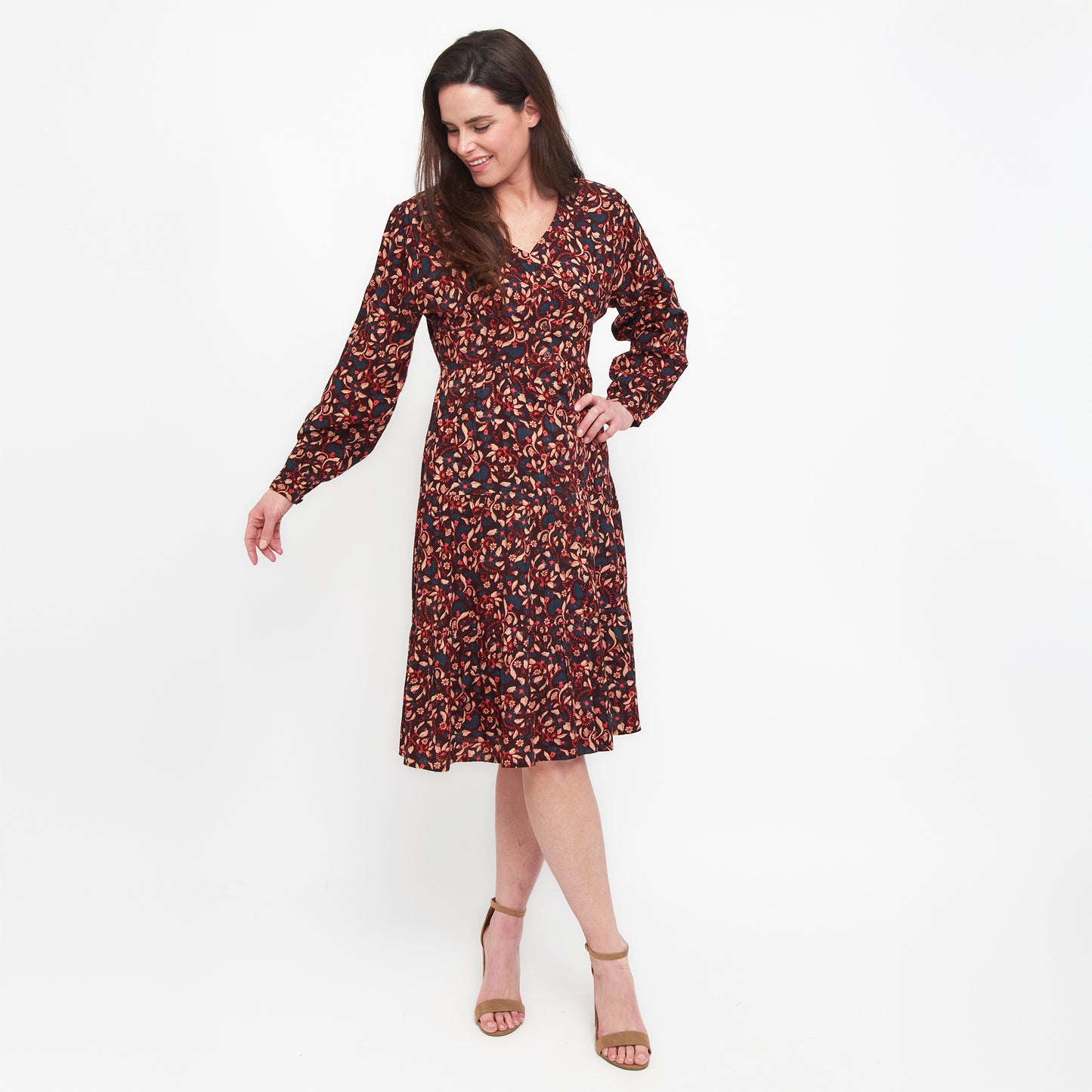Drew Floral Fig V-Neck Long Sleeve Tiered Dress