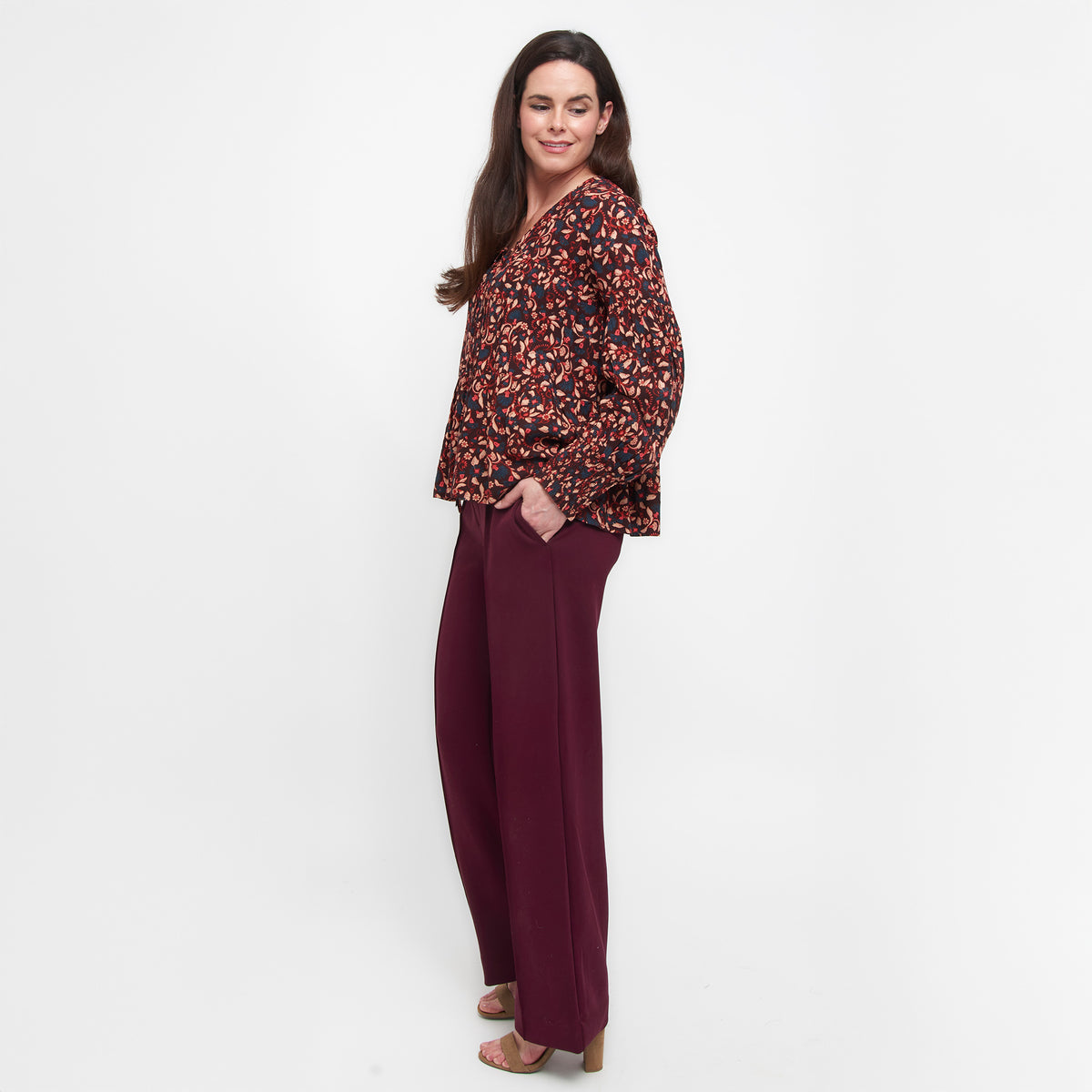 Drew Floral Fig V-Neck Long Sleeve Tiered Blouse