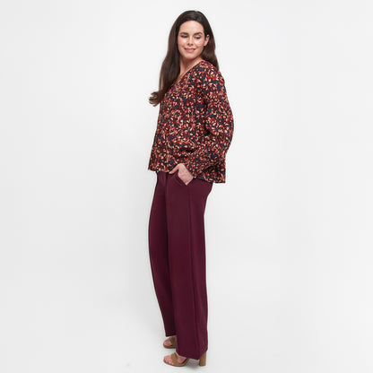 Drew Floral Fig V-Neck Long Sleeve Tiered Blouse
