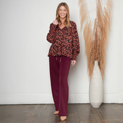 Drew Floral Fig V-Neck Long Sleeve Tiered Blouse