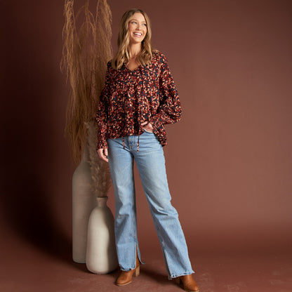 Drew Floral Fig V-Neck Long Sleeve Tiered Blouse