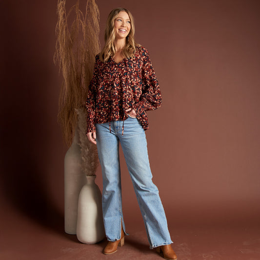 Drew Floral Fig V-Neck Long Sleeve Tiered Blouse