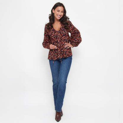 Drew Floral Fig V-Neck Long Sleeve Tiered Blouse