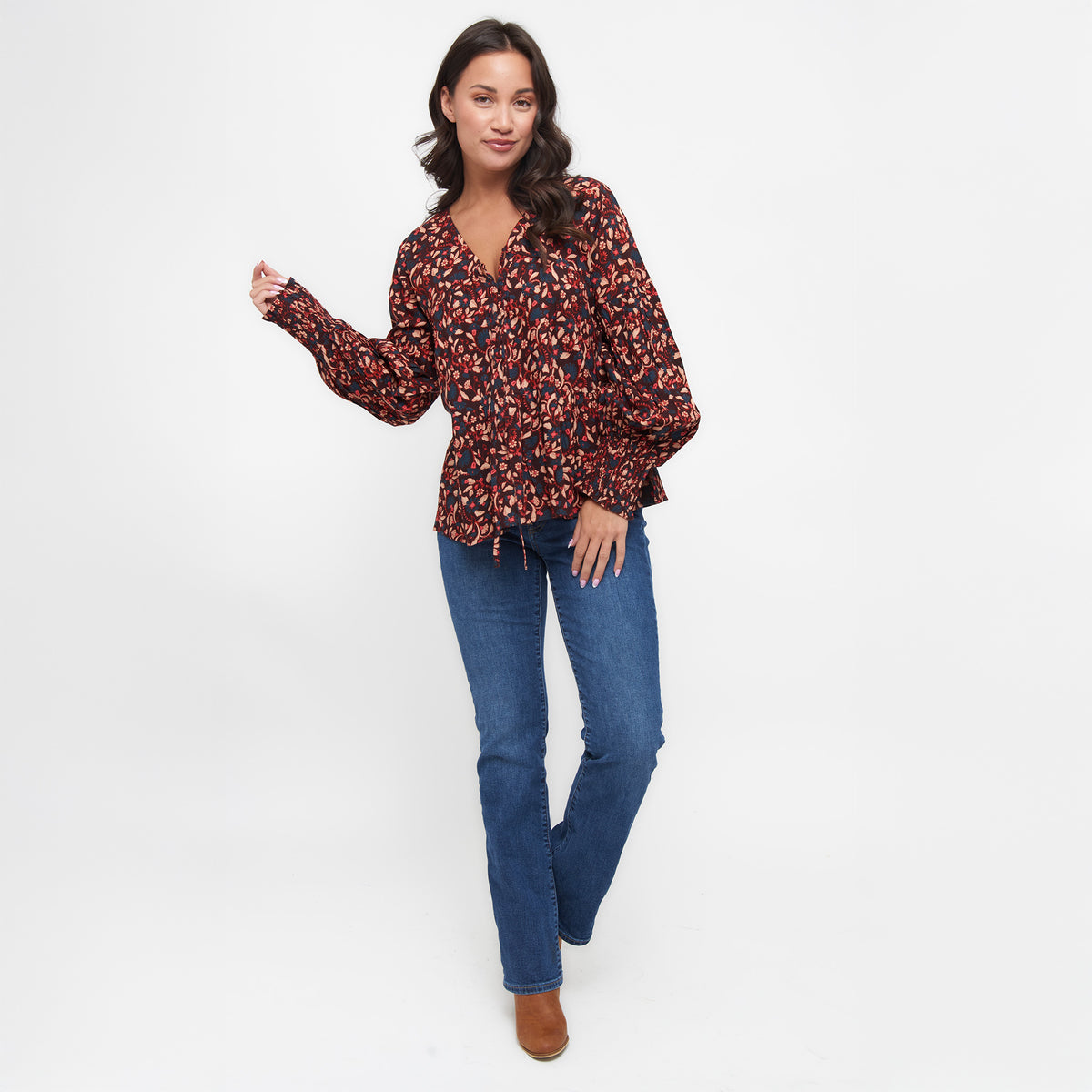 Drew Floral Fig V-Neck Long Sleeve Tiered Blouse