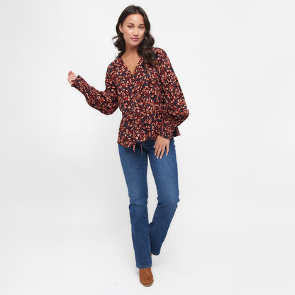 Drew Floral Fig V-Neck Long Sleeve Tiered Blouse