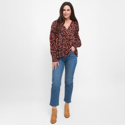 Drew Floral Fig V-Neck Long Sleeve Tiered Blouse