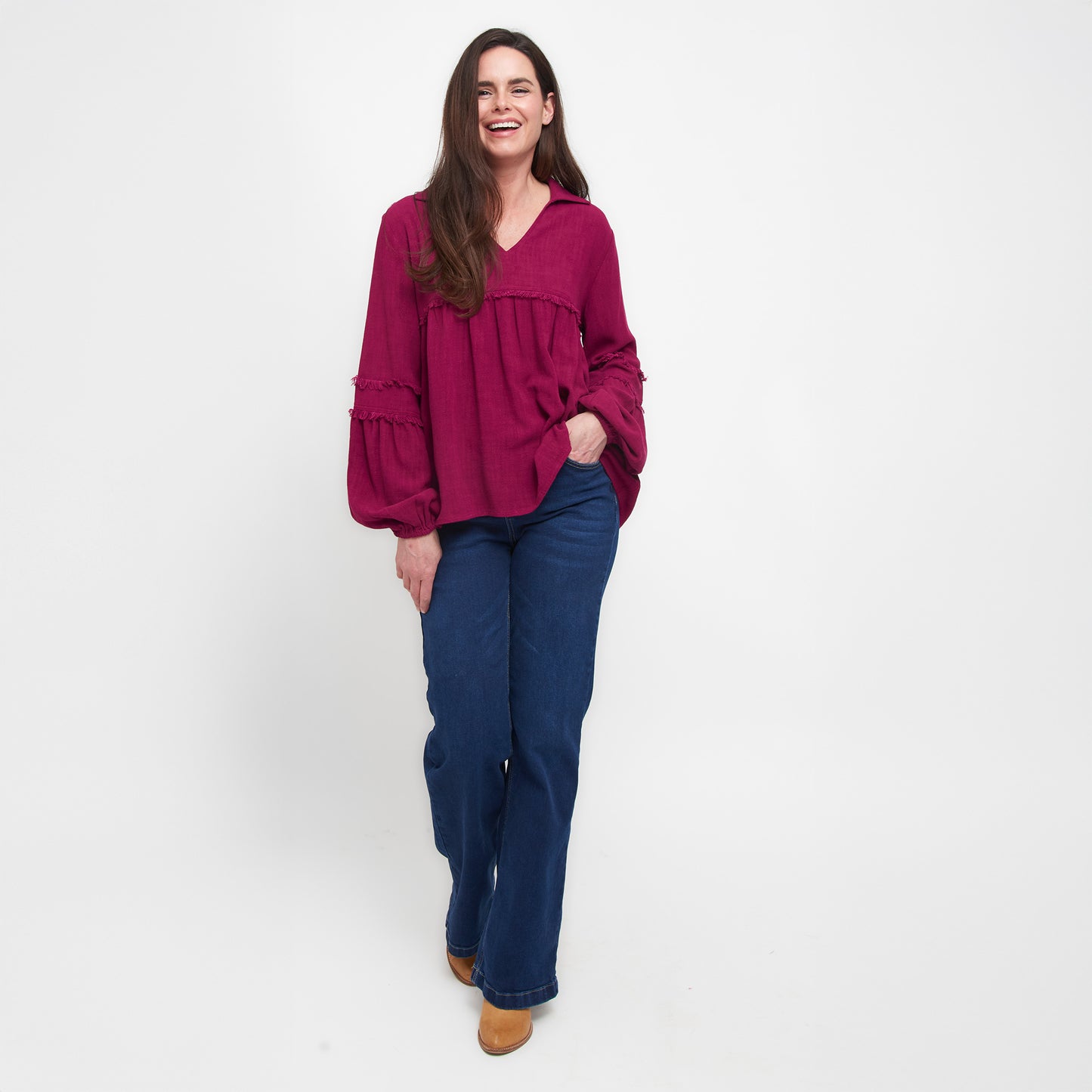 Blayke Collard V-Neck Long Sleeve Babydoll Blouse