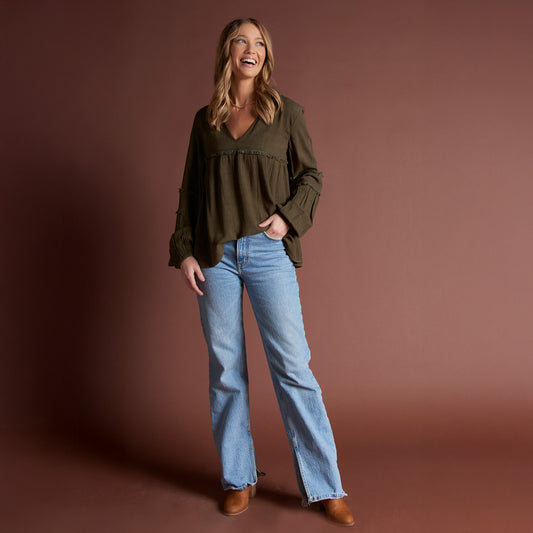 Blayke Collard V-Neck Long Sleeve Babydoll Blouse