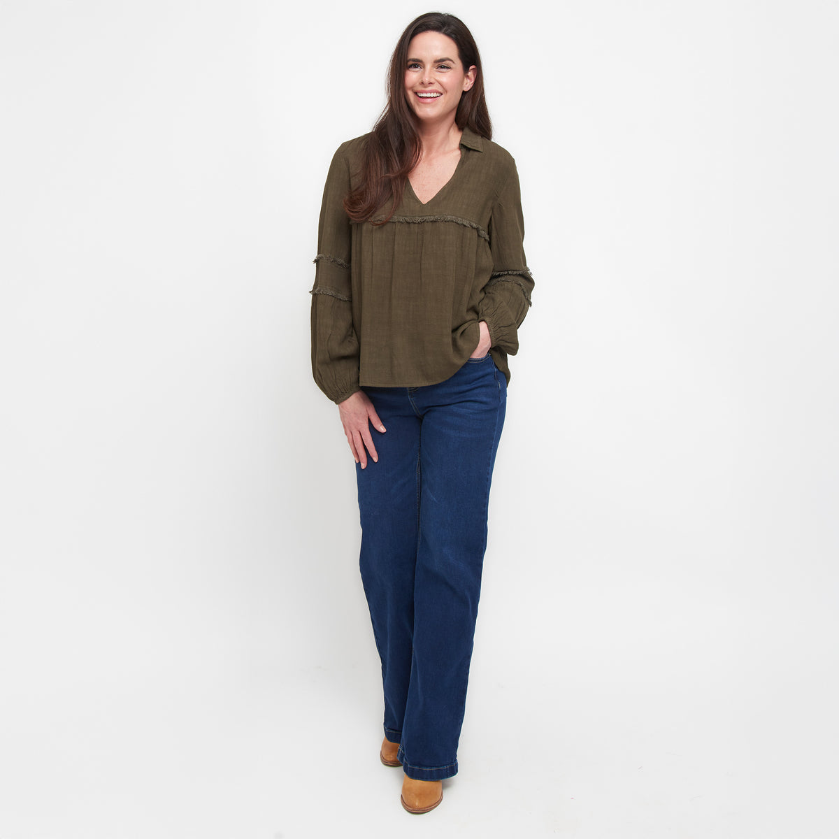 Blayke Collard V-Neck Long Sleeve Babydoll Blouse