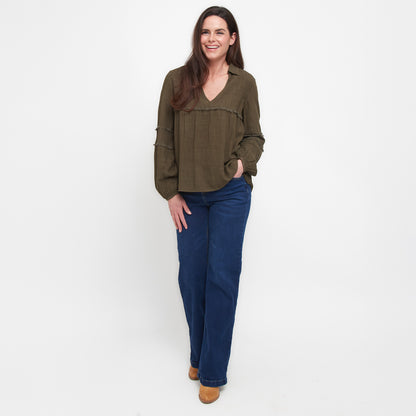 Blayke Collard V-Neck Long Sleeve Babydoll Blouse