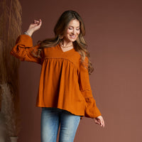 Blayke Collard V-Neck Long Sleeve Babydoll Blouse