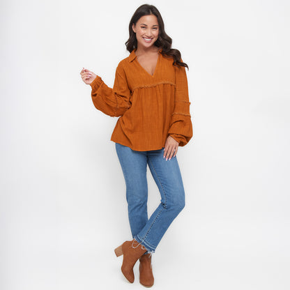 Blayke Collard V-Neck Long Sleeve Babydoll Blouse
