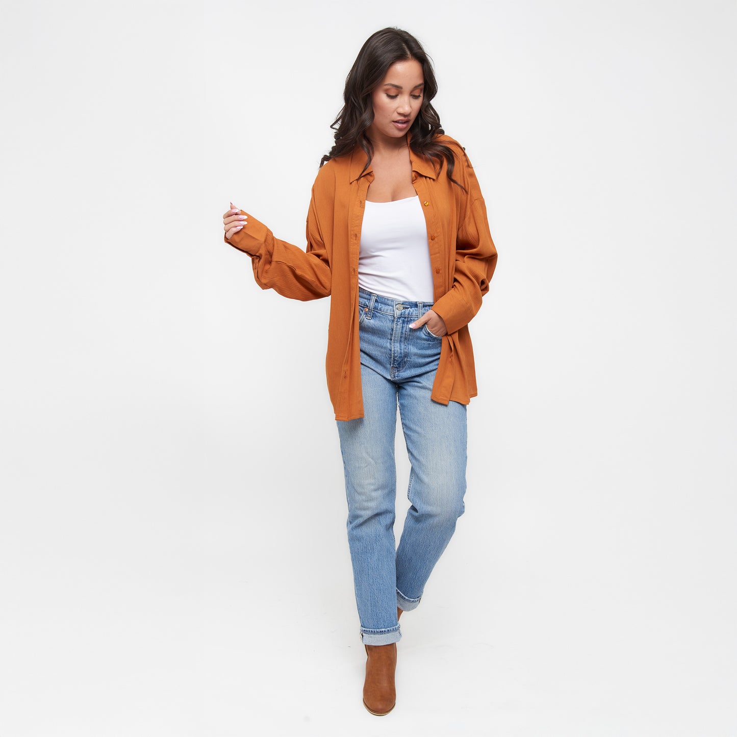 Reece Collared Long Sleeve Boyfriend Button Up Top
