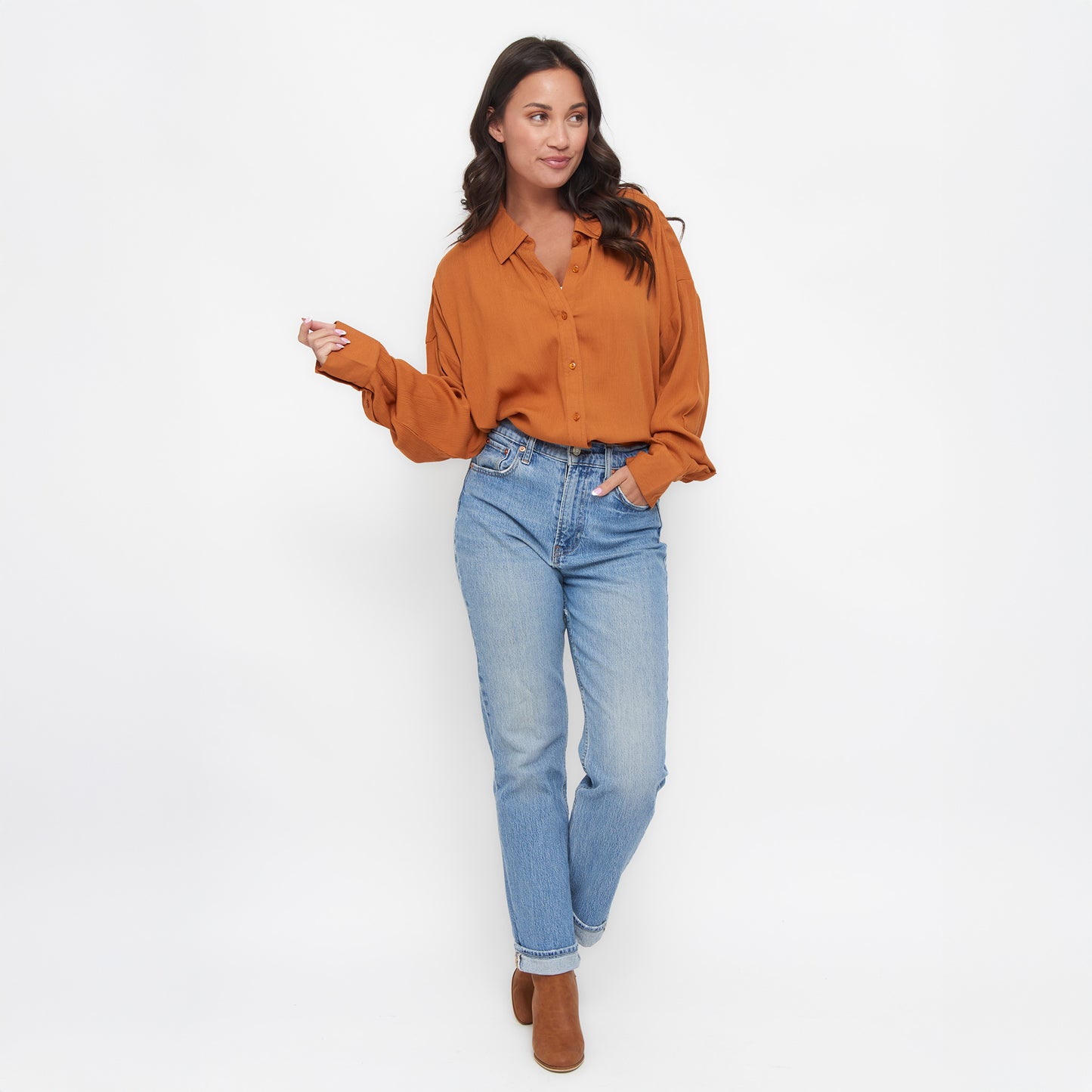 Reece Collared Long Sleeve Boyfriend Button Up Top