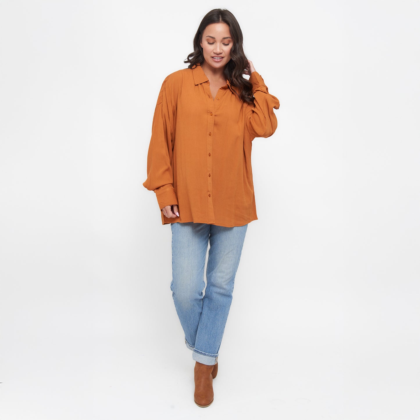 Reece Collared Long Sleeve Boyfriend Button Up Top