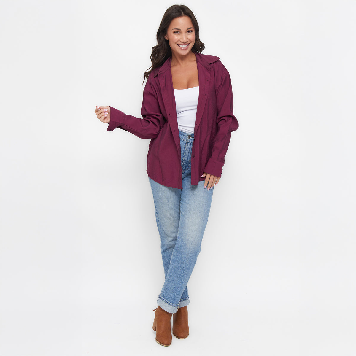 Reece Collared Long Sleeve Boyfriend Button Up Top