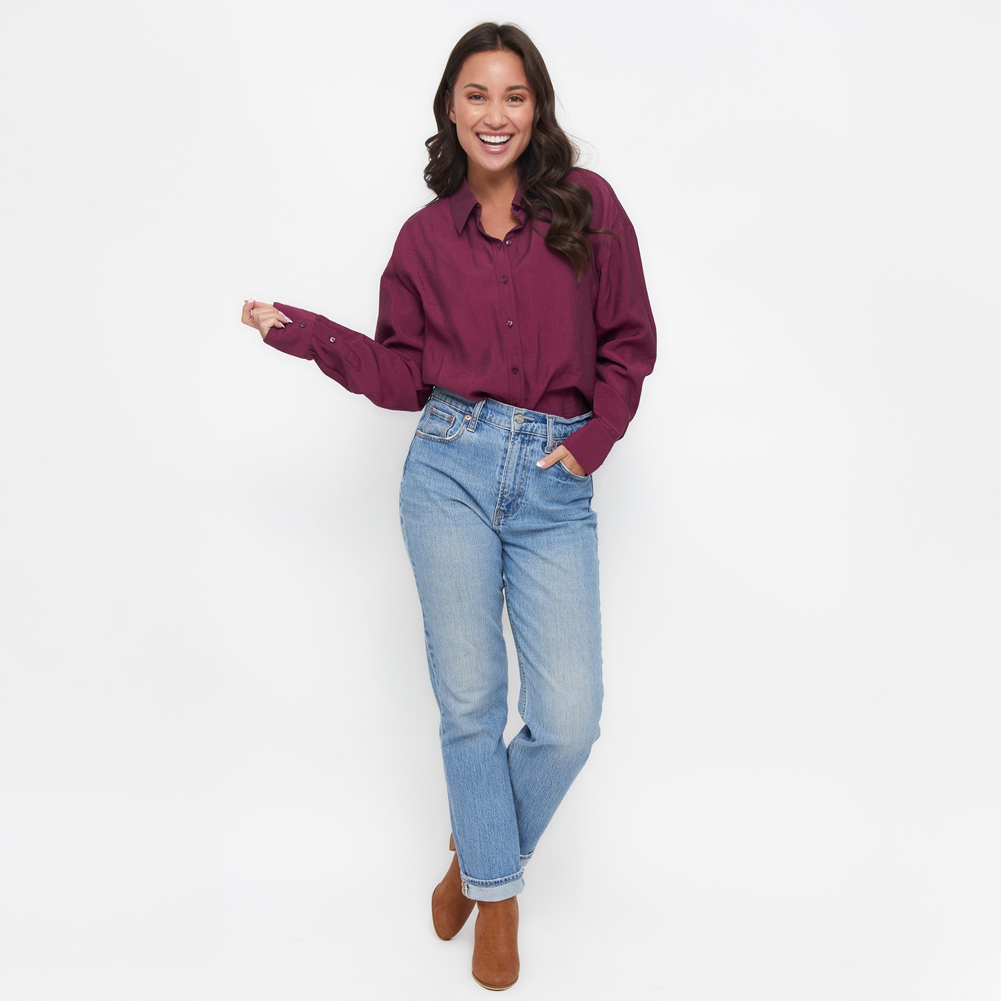 Reece Collared Long Sleeve Boyfriend Button Up Top