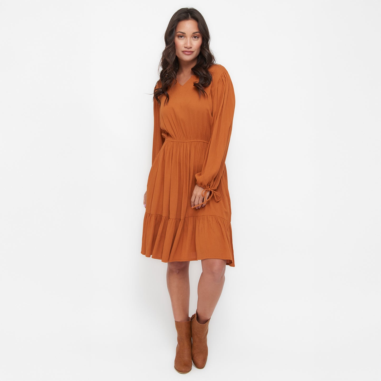 Clove Rustic Caramel Notch V-Neck Long Sleeve Tiered Dress