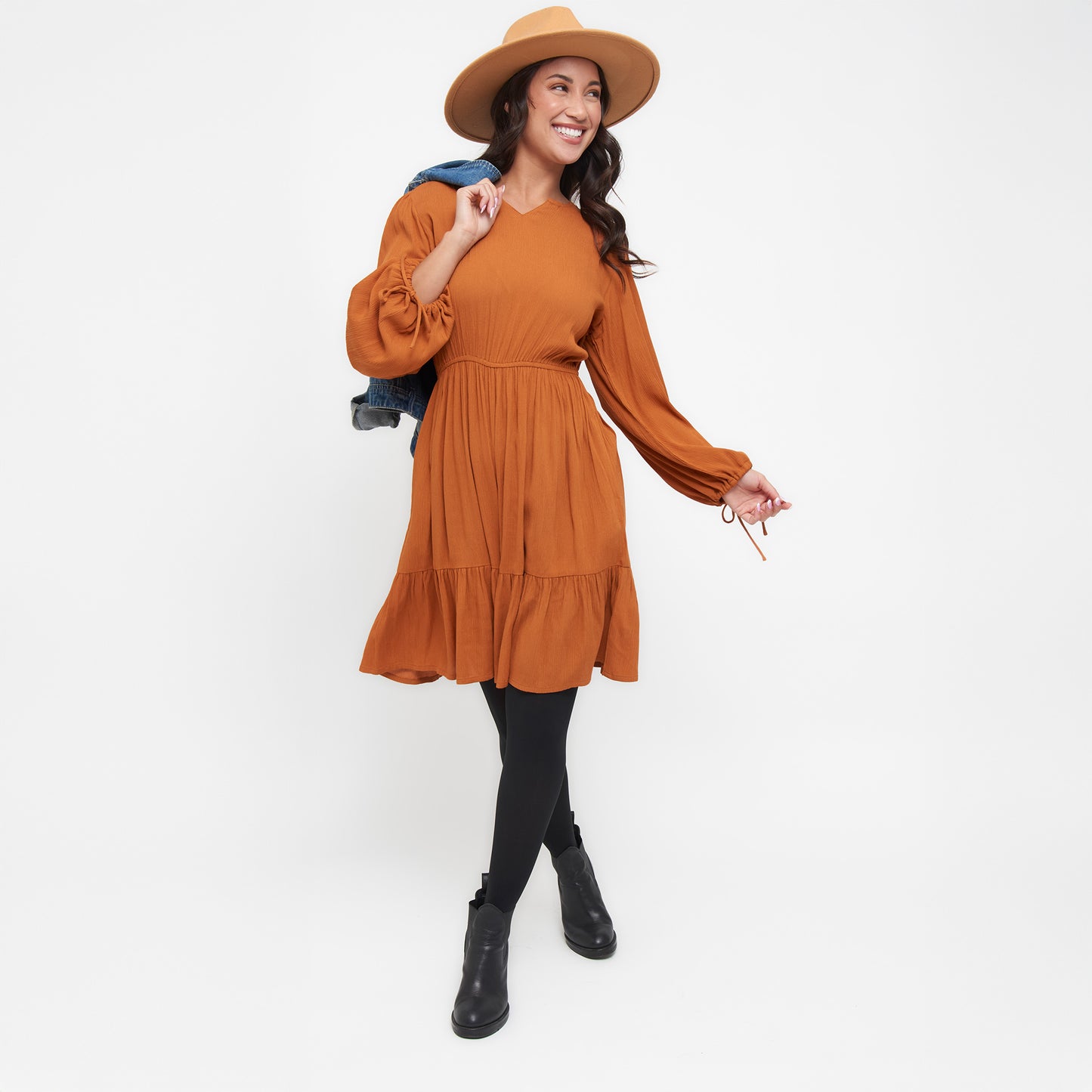 Clove Rustic Caramel Notch V-Neck Long Sleeve Tiered Dress