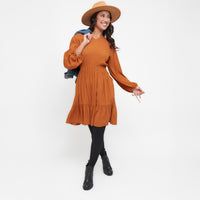 Clove Rustic Caramel Notch V-Neck Long Sleeve Tiered Dress
