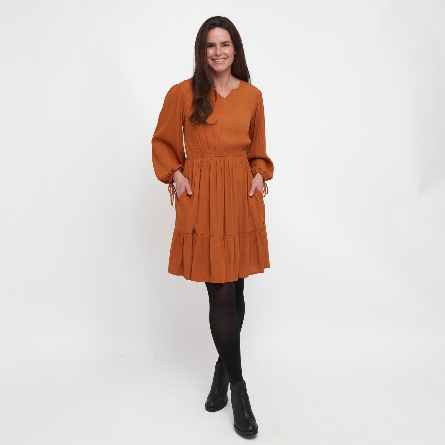 Clove Rustic Caramel Notch V-Neck Long Sleeve Tiered Dress