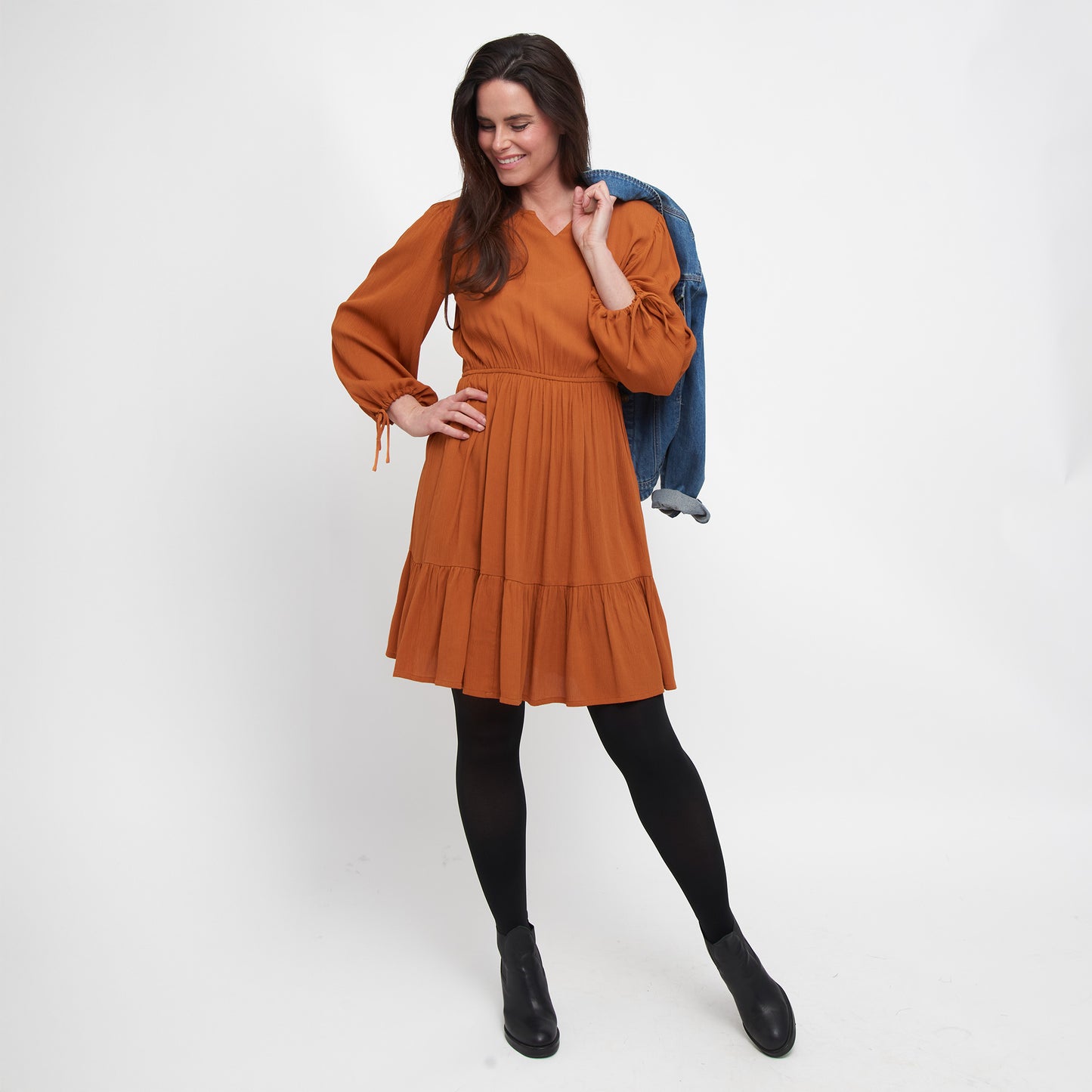 Clove Rustic Caramel Notch V-Neck Long Sleeve Tiered Dress