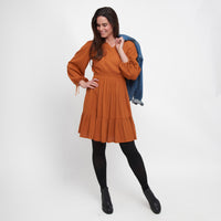 Clove Rustic Caramel Notch V-Neck Long Sleeve Tiered Dress