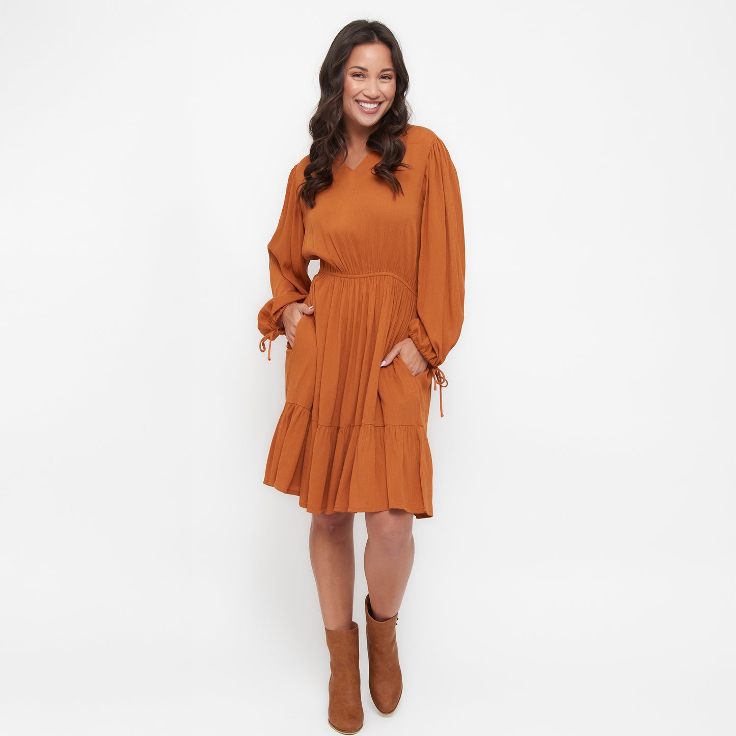 Clove Rustic Caramel Notch V-Neck Long Sleeve Tiered Dress