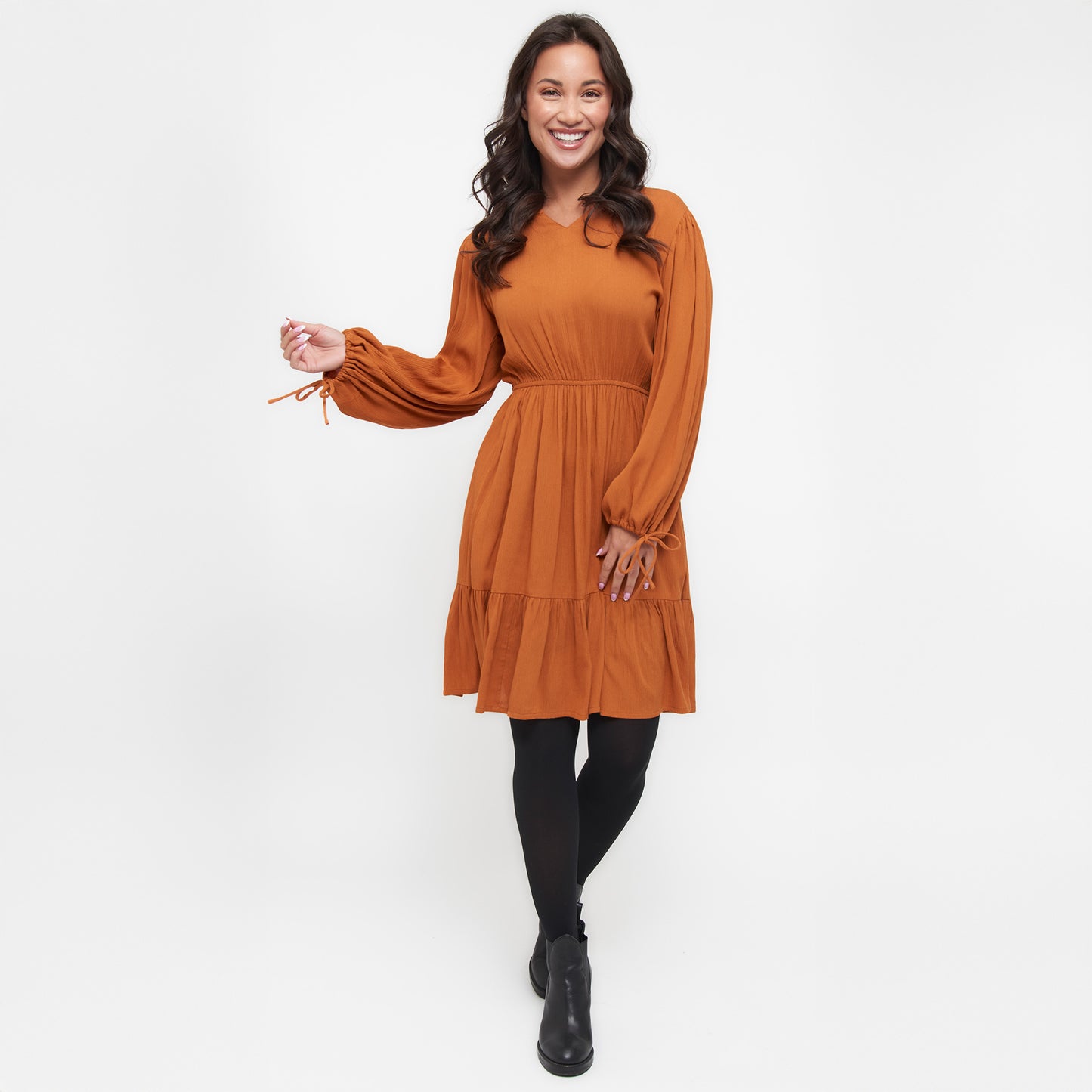 Clove Rustic Caramel Notch V-Neck Long Sleeve Tiered Dress