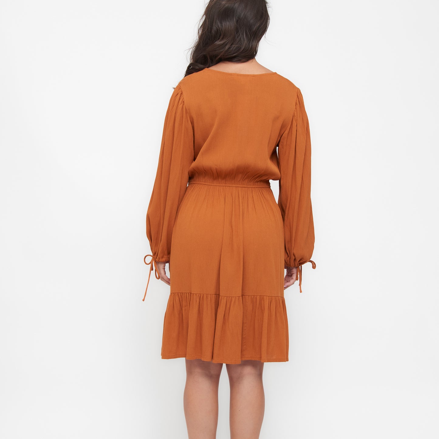 Clove Rustic Caramel Notch V-Neck Long Sleeve Tiered Dress