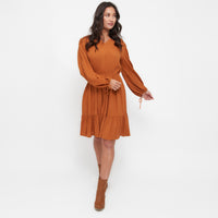 Clove Rustic Caramel Notch V-Neck Long Sleeve Tiered Dress