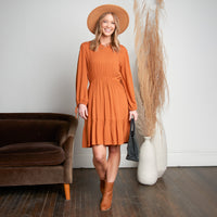 Clove Rustic Caramel Notch V-Neck Long Sleeve Tiered Dress
