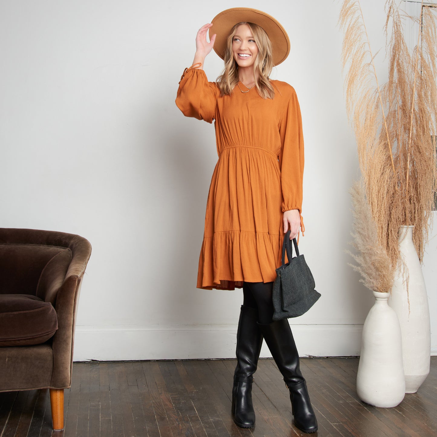 Clove Rustic Caramel Notch V-Neck Long Sleeve Tiered Dress
