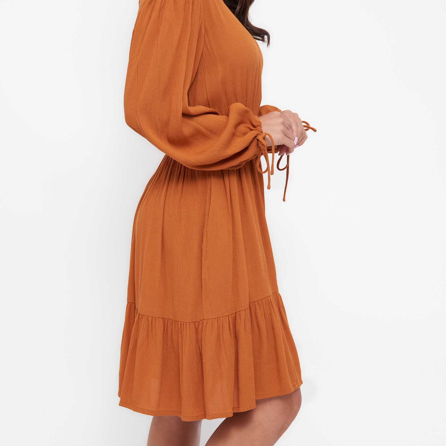 Clove Rustic Caramel Notch V-Neck Long Sleeve Tiered Dress