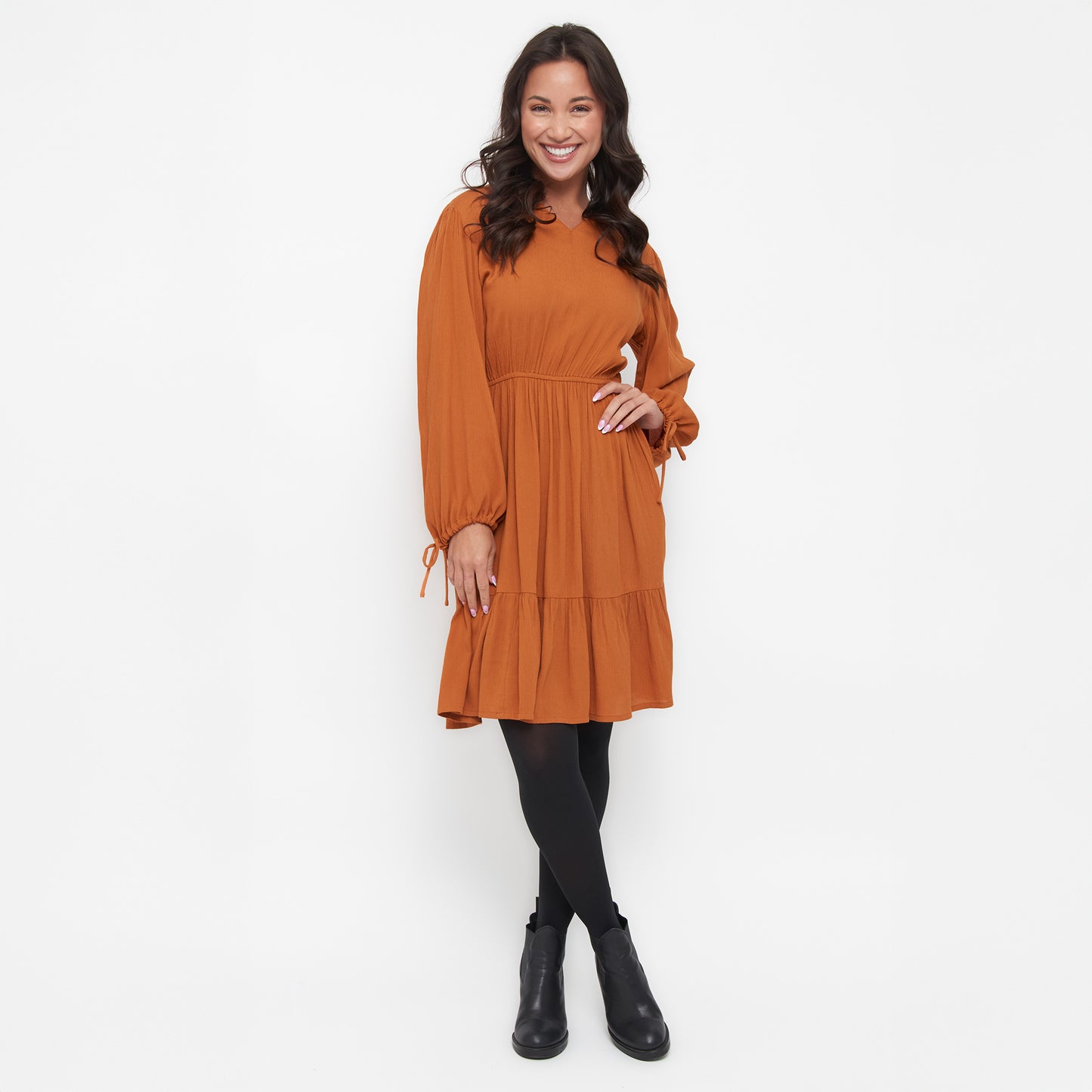 Clove Rustic Caramel Notch V-Neck Long Sleeve Tiered Dress