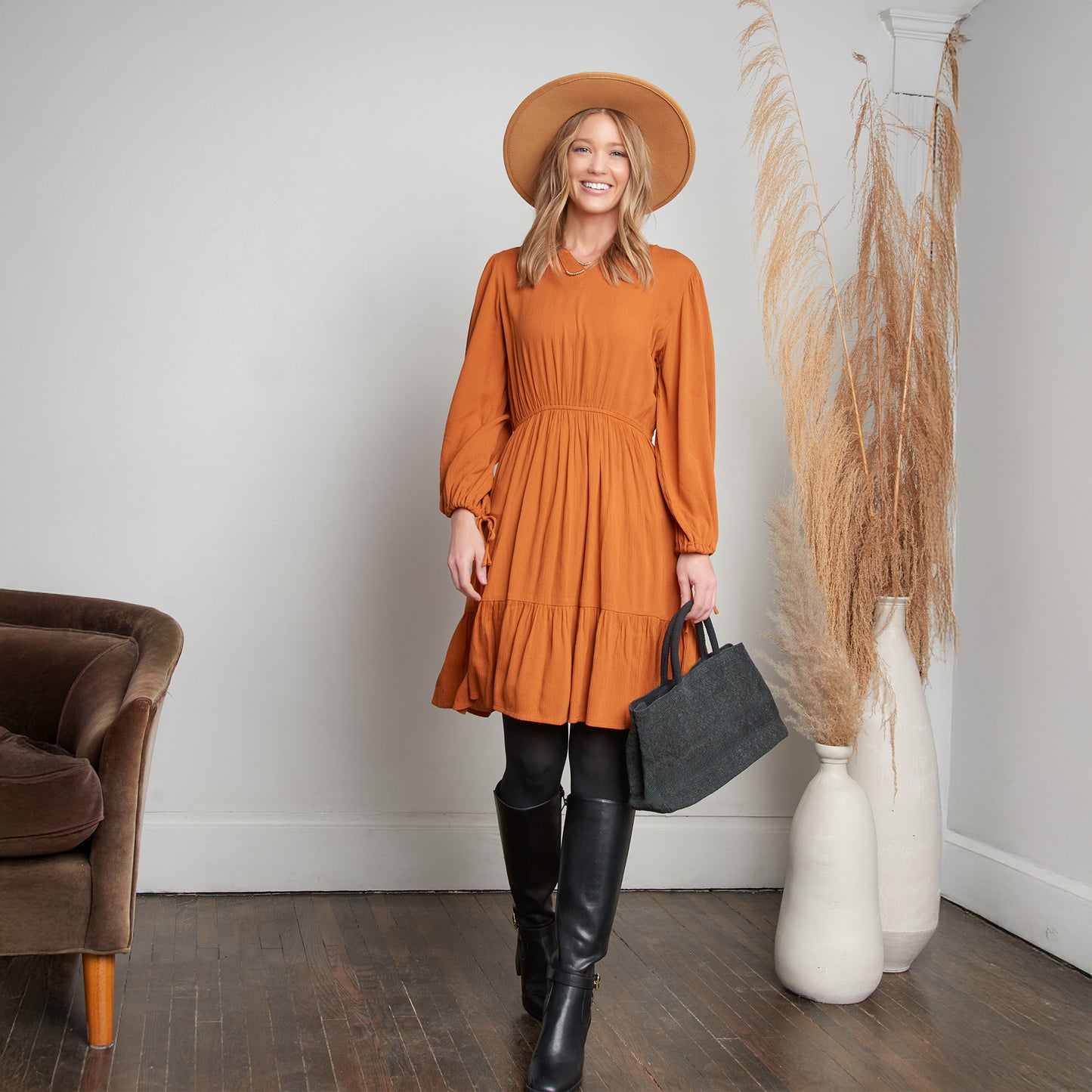 Clove Rustic Caramel Notch V-Neck Long Sleeve Tiered Dress