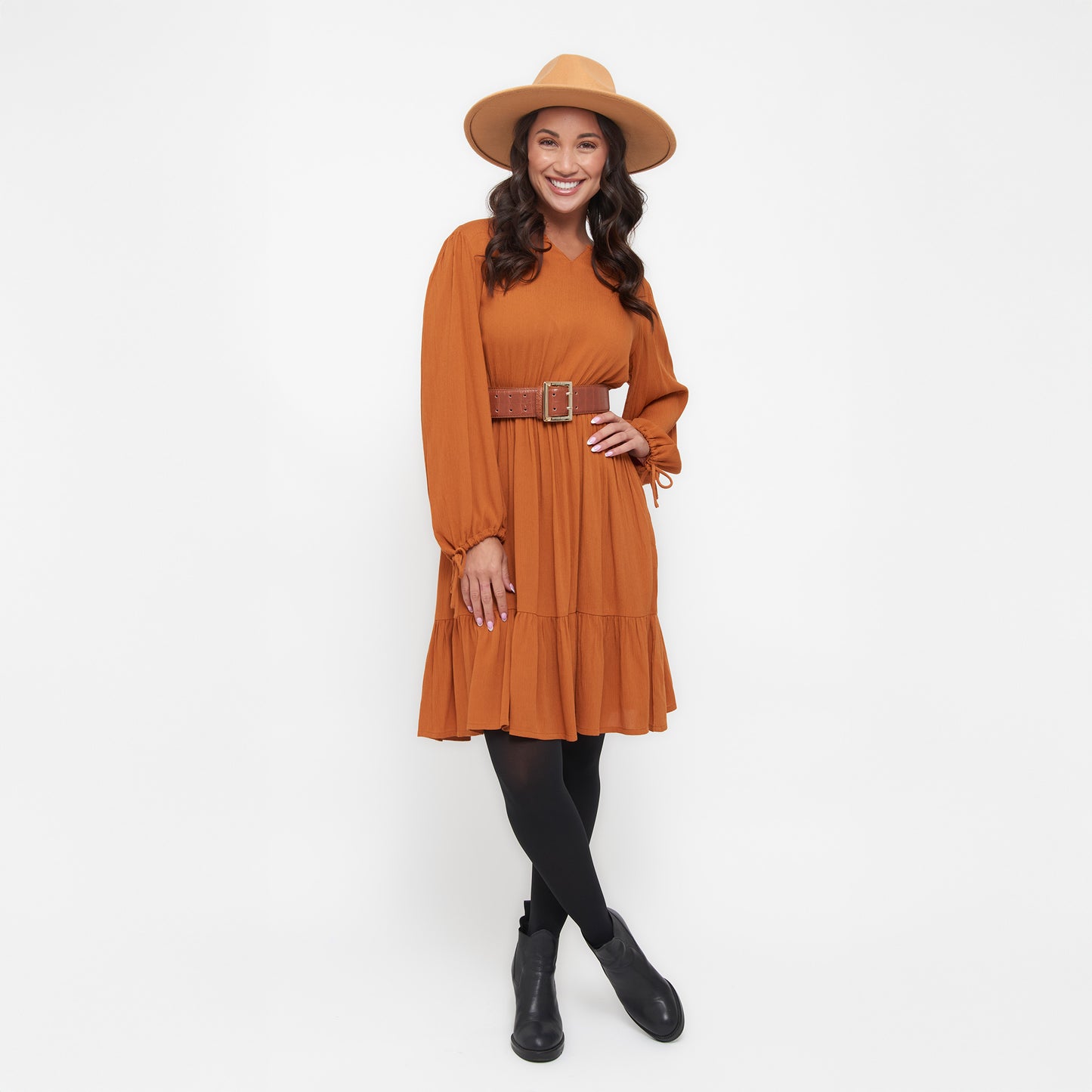 Clove Rustic Caramel Notch V-Neck Long Sleeve Tiered Dress