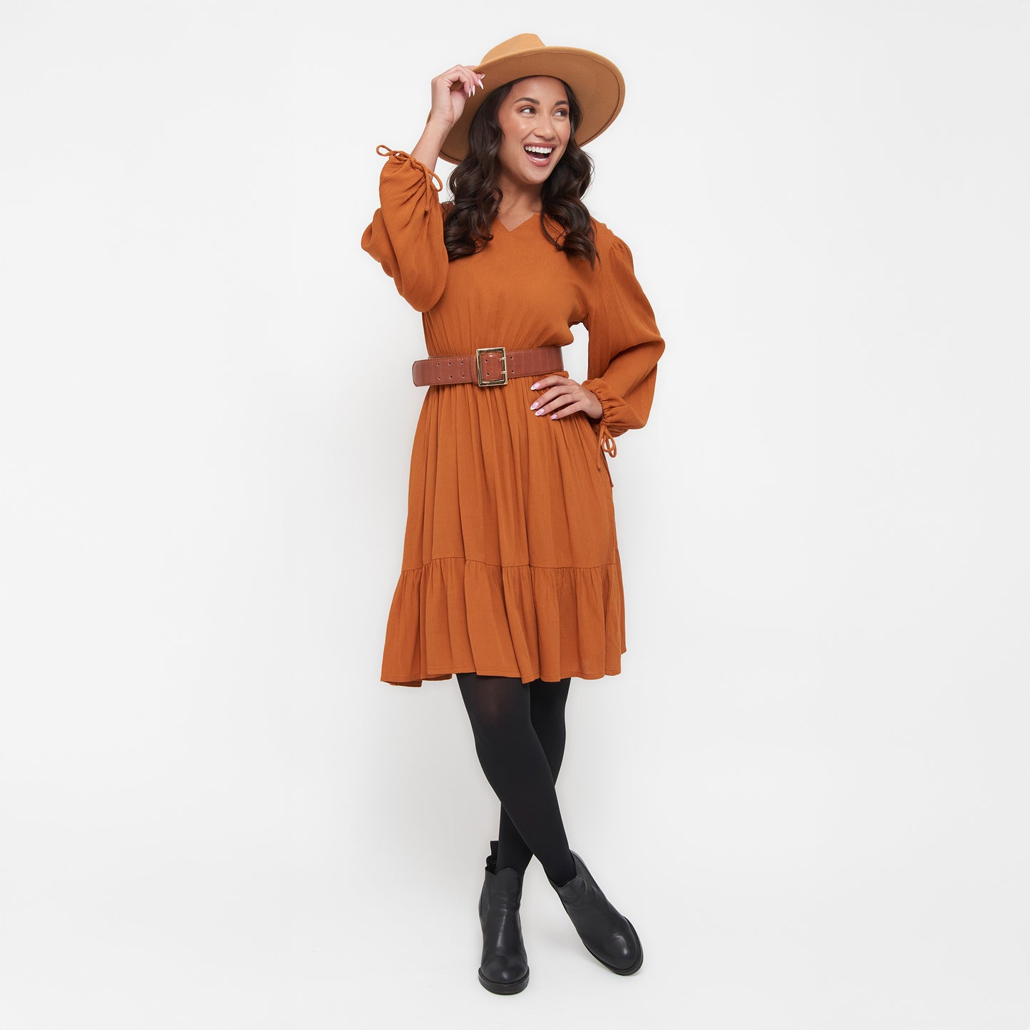 Clove Rustic Caramel Notch V-Neck Long Sleeve Tiered Dress