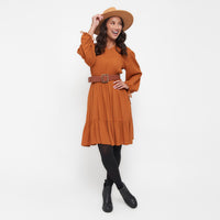 Clove Rustic Caramel Notch V-Neck Long Sleeve Tiered Dress