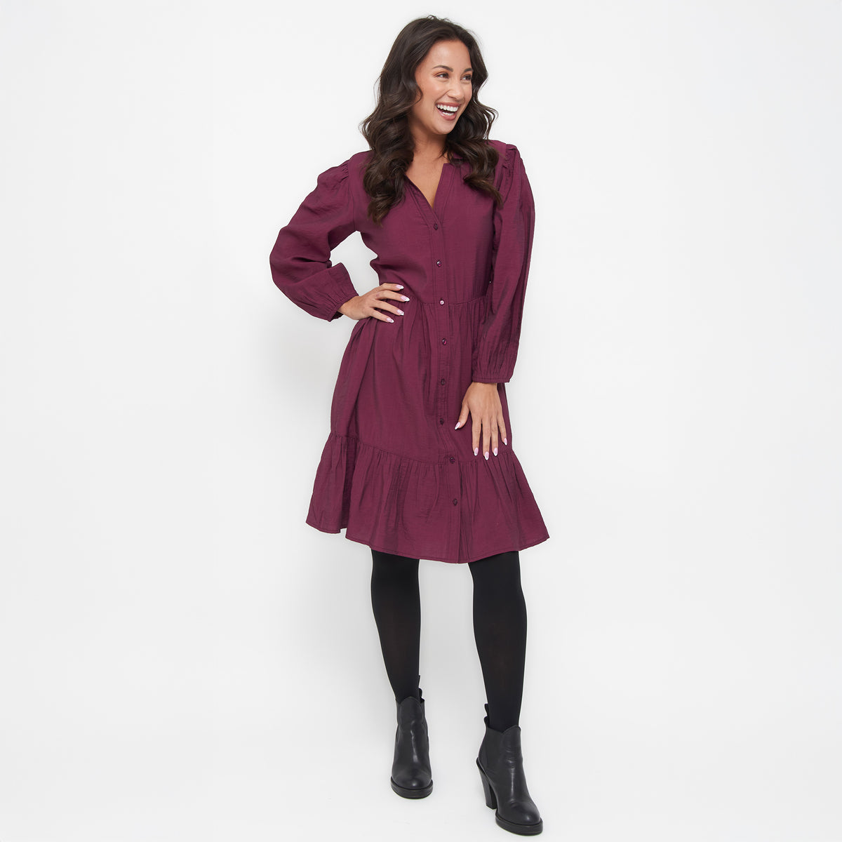 Ashton Long Sleeve Collared Button Up Tiered Dress