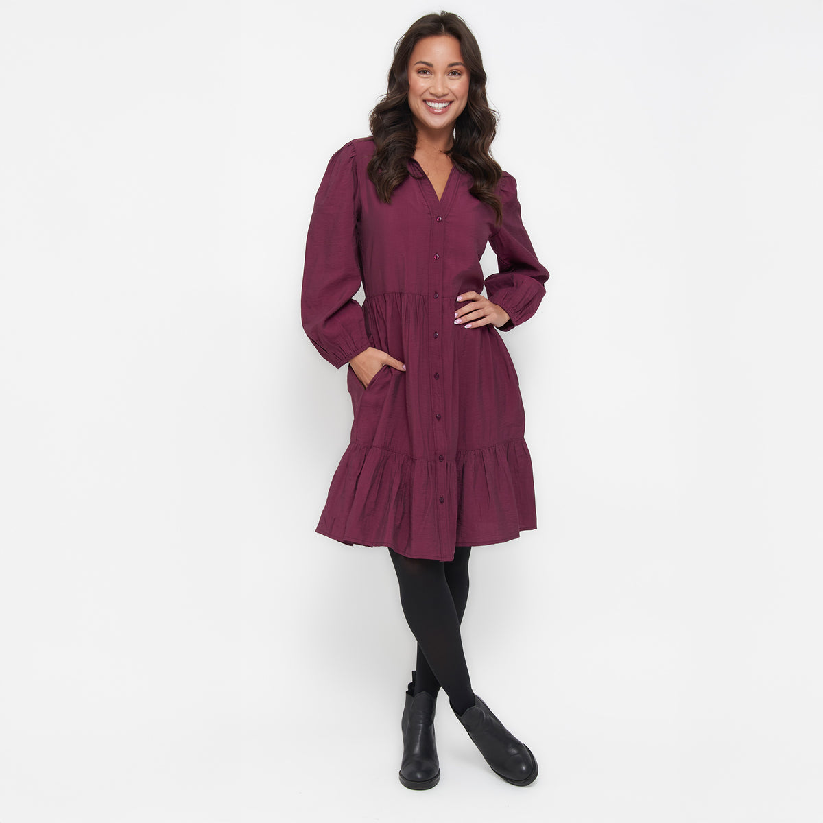 Ashton Long Sleeve Collared Button Up Tiered Dress