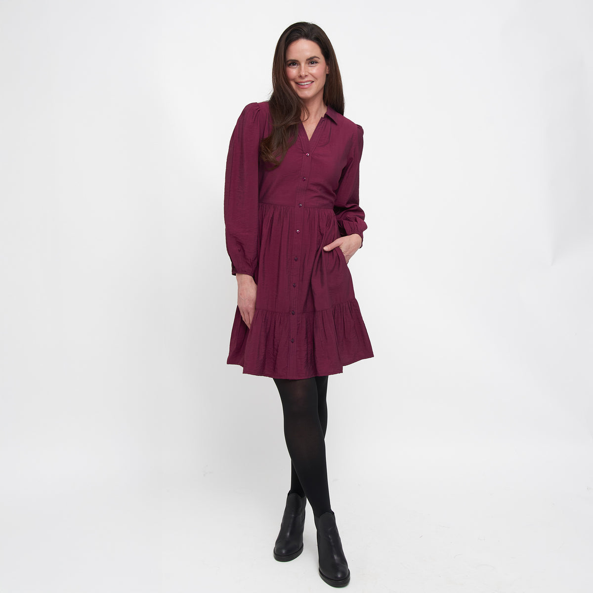 Ashton Long Sleeve Collared Button Up Tiered Dress