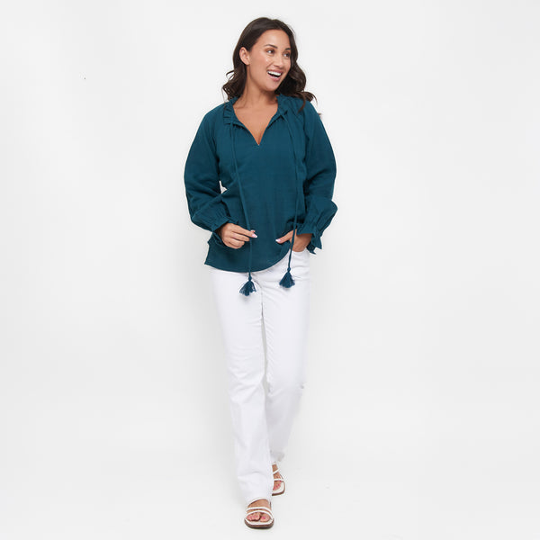 Jasmine Cotton Gauze V-Neck Long Sleeve Blouse