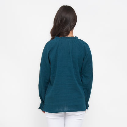 Jasmine Cotton Gauze V-Neck Long Sleeve Blouse