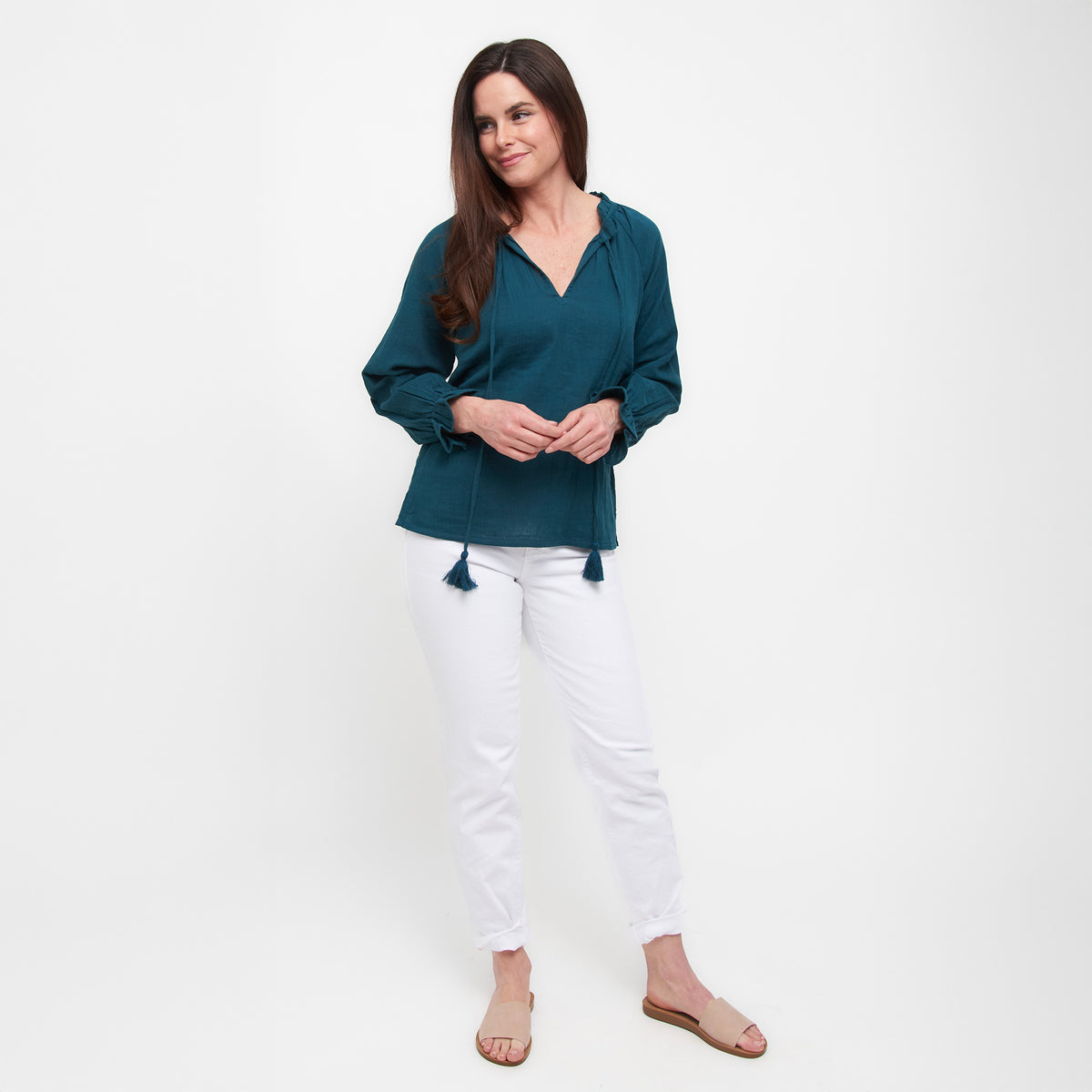 Jasmine Cotton Gauze V-Neck Long Sleeve Blouse